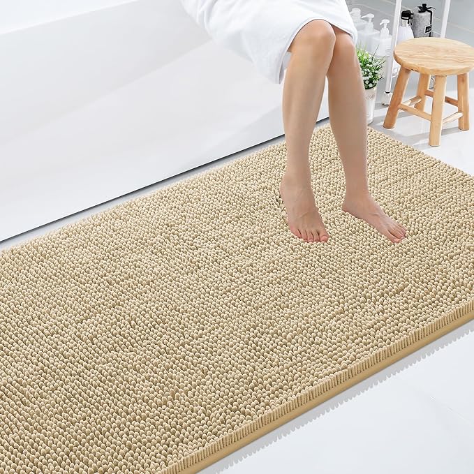 Smiry Luxury Chenille Bathroom Rugs 59x35, Extra Soft and Absorbent Shaggy Bath Mat, Machine Washable, Non-Slip Plush Carpet Runner for Tub, Shower, and Floor, Home Decor Accessories, Beige