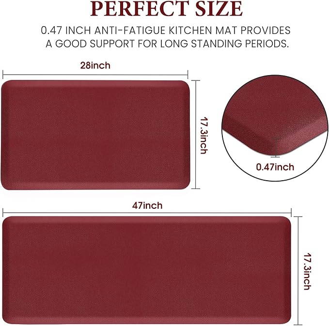 HappyTrends 2 PCS Kitchen Mat Cushioned Anti-Fatigue Floor Mat, Heavy Duty Ergonomic Comfort Foam Standing Mat, Waterproof Non-Slip Kitchen Rugs for Home, Office(20"x30"+20"x60",Red)