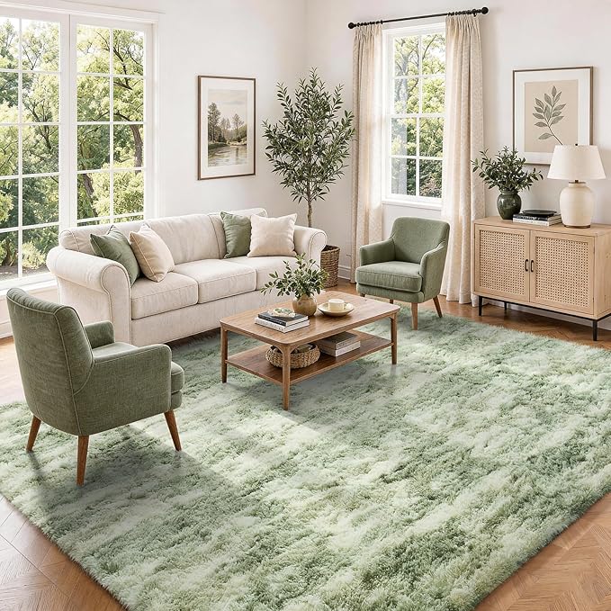 Ophanie Green and White Area Rugs for Living Room 5x7, Sage Green Fluffy Shag Large Fuzzy Plush Soft Carpets, Floor Shaggy Rugs for Bedroom, Carpet for Kids Girls Dorm Nursery Home Decor Aesthetic