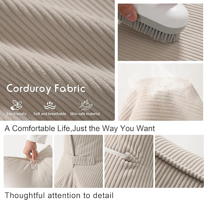 Pat. Pend. Corduroy Lumbar Support Back Pillow for Watching TV, Reading & Gaming, Ergonomic Triangle Support Cushion for Sofa, Armchair & Bed Sitting, Removable Washable Cover, Beige Gray