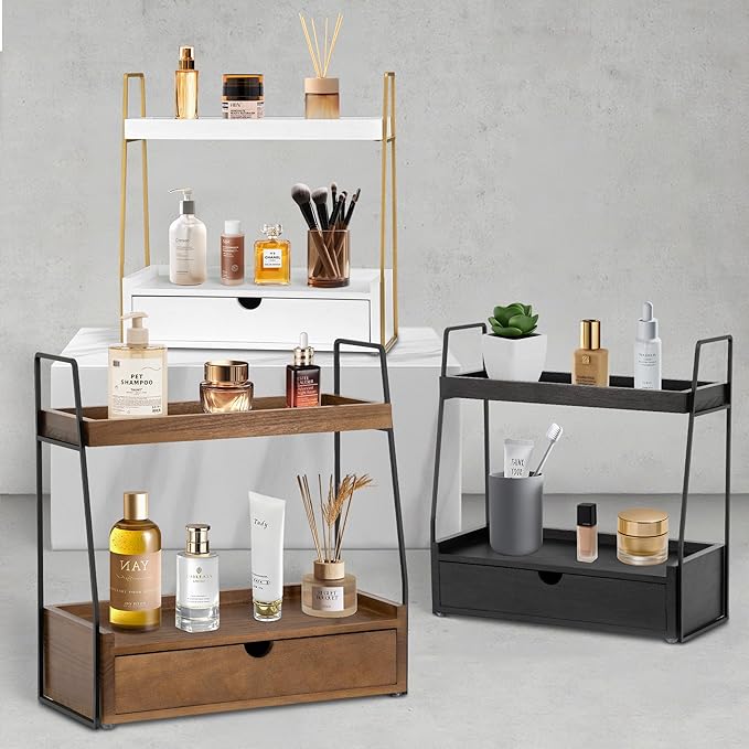 2-Tier Bathroom Organizer Countertop with Drawer, Wood Counter Organizer for Bathroom Decor, Sink Shelf for Vanity Storage, Makeup Tray for Perfume Skincare, Spice Rack Bedroom Kitchen Corner