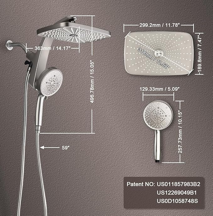 BOZYBO Rain Shower Head with Handheld: High Pressure Shower Heads with Handheld Spray Combo, 12" Rainfall Shower Head and 9 Sprays Hand Showerheads with Magnetic Docking and Power Jets, Nickel