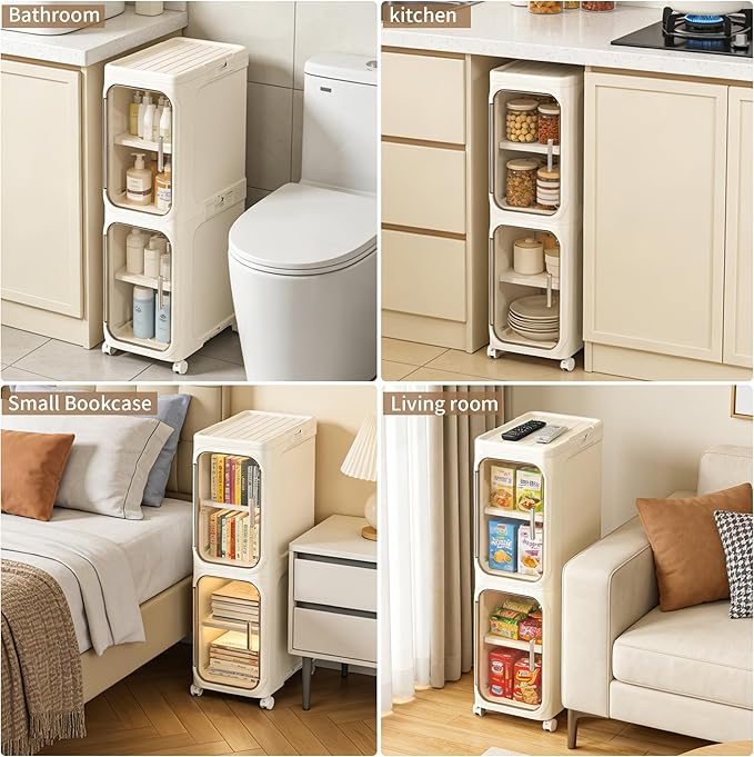 LXLXXL Narrow Storage Cabinet Slim Bathroom Storage Cabinet with Movable Wheels Tall Bathroom Organizer Skinny Cabinet for Small Spaces，2-Tier Beige
