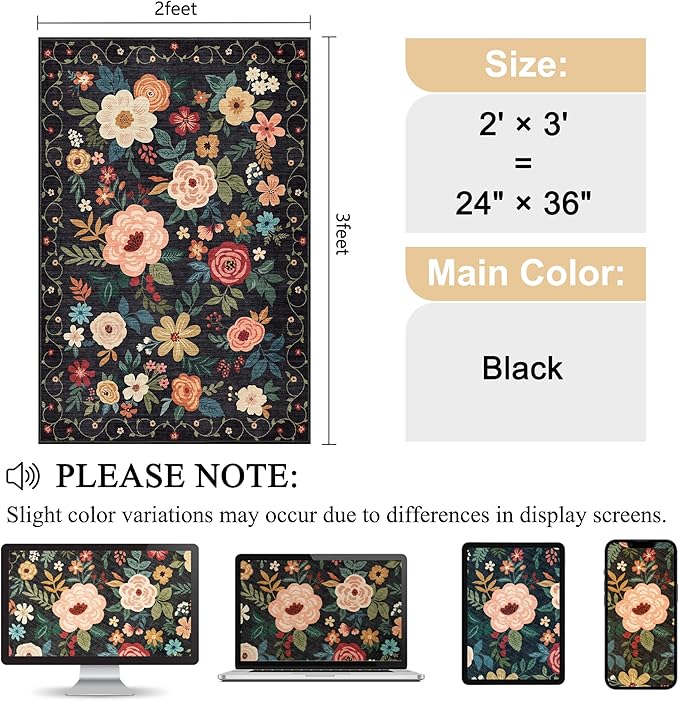 DUKINO 2x3 Rugs for Entryway, Floral Indoor Washable Door Mat, Non Slip Boho Small Rug for Kitchen, Soft Low Pile, Front Door Throw Rug for Entrance, Bedroom, Kitchen, Laundry, Bathroom, Black