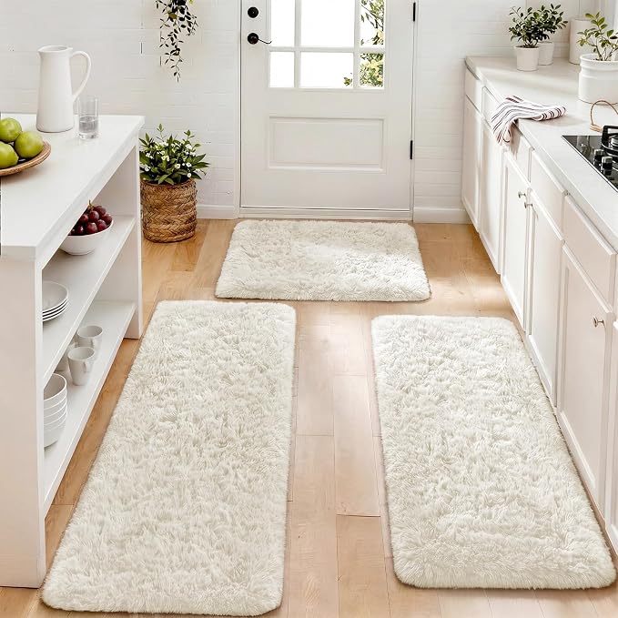 Ophanie Small Rug Washable Non Slip Throw Bedside Area Rugs, Fluffy Soft Mini Bedroom Carpet, 1.5x2.5，1.5x4 and 1.5x5 Rug Set, 3 Piece Ivory