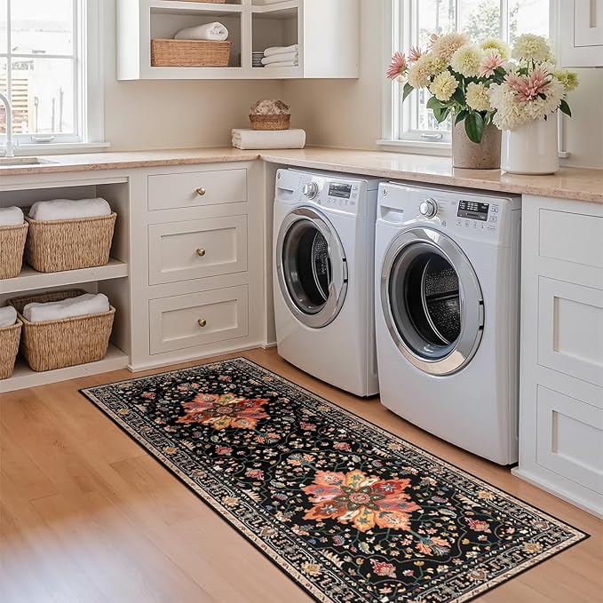 RELEANY Area Rugs Runner 2'x5' Washable Non-Slip, Floral Vintage Distress Medallion Carpet for Kitchen Hallway Bedroom Beside Laundry Room Bathroom, Black Colorful Floral Dark Tan