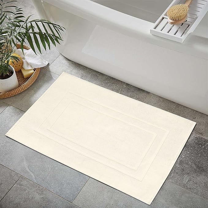 Feather & Stitch 2 Piece Towel Like Bath Mats (30x21 Inch) 100% Cotton Terry Bath Mat, Bathroom Shower Floor Mat [NOT A Bathroom Rug], Soft Absorbent Washable Mats - Ivory
