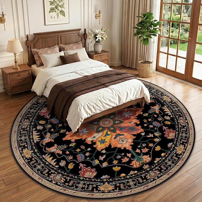 RELEANY Area Rugs Round 10ft Washable Non-Slip, Floral Vintage Distress Medallion Carpet for Living Room Bedroom Dining Room, Black Colorful Floral Dark Tan