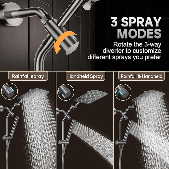 Veken All Metal 10" Shower Head with Handheld, Luxurious Square Double Rain Shower Heads with Spray Combo, Dual High Pressure Detachable Rainfall Showerhead with Extension Arm, Long Hose,Gunmetal Gray