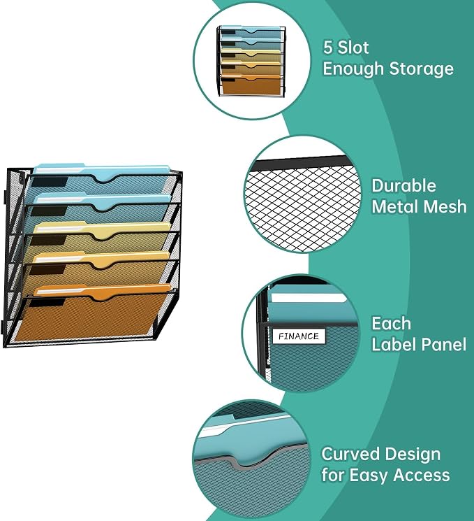 SUPEASY 5 Tier Wall File Organizer, Hanging Wall Mounted Mail Organizer with Label Slots, Metal Mesh File Holder Magazine Rack for Office, Home, School or Classroom, Black, 2Pack