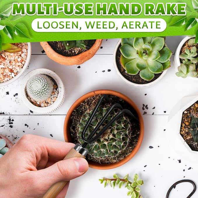 Small Garden Tools - 3 Pcs Mini Garden Tools Set with Small Trowel, Mini Shovel & Hand Rake Made of Rust-Resistant Iron & Solid Wood - Indoor Gardening Tools Set for Succulent, Bonsai & Pot Plants