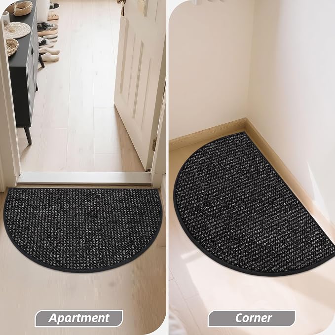 BEQHAUSE Dirt Trapper Door Mat 17" x 30" Half Circle Non Slip Washable Doormats Entrance Rugs Absorbent Welcome Low Profile Floor Mats for Front Back Door and Entryway, Black