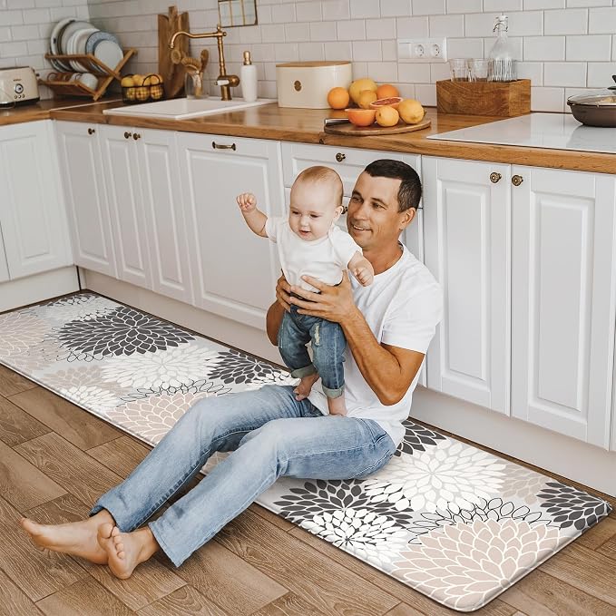 KIMODE Kitchen Mats Cushioned Anti Fatigue, Farmhouse Dahlia Rugs for Kitchen Rug Runner Stain Resistant, Ergonomic Standing Kitchen Floor Mat, Non Slip Waterproof Kitchen Sink Rug, 20" x 71", Pink