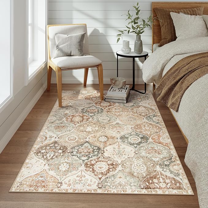 Lahome Moroccan Trellis Washable Small Area Rug, 3x5 Black Rug for Bedroom Living Room, Non-Slip Oriental Accent Throw Carpet for Kitchen Office Entryway Bathroom Office Elise, Khaki