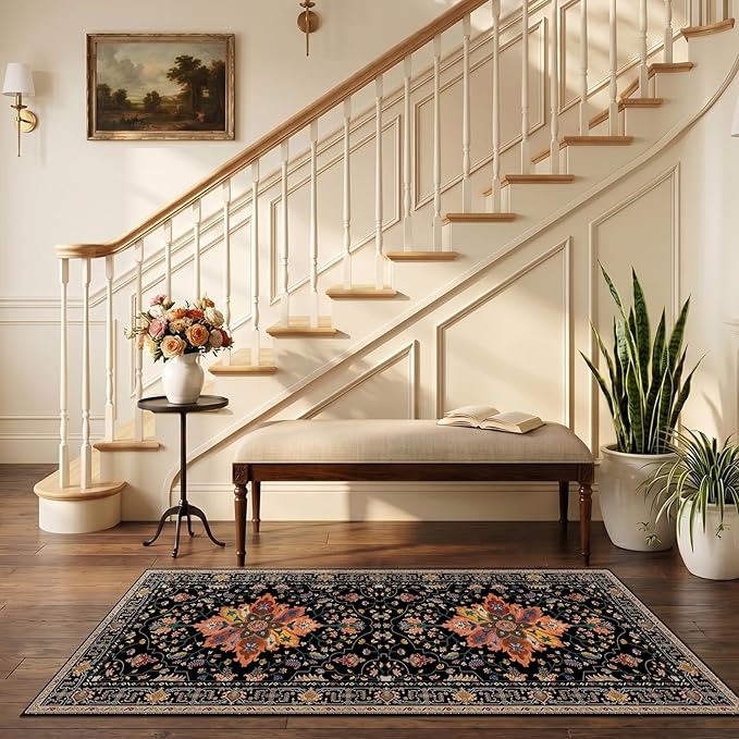 RELEANY Area Rugs Runner 2'6"x5' Washable Non-Slip, Floral Vintage Distress Medallion Carpet for Kitchen Hallway Bedroom Beside Laundry Room Bathroom, Black Colorful Floral Dark Tan