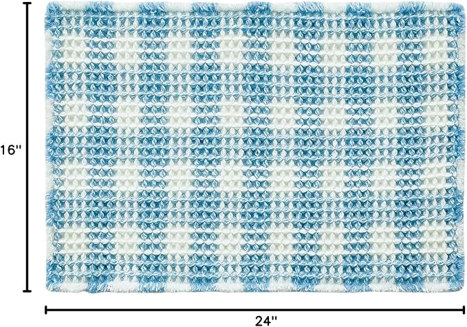 TYUU Waffle Bath Mat, Boho Bathroom Rugs Non Slip Washable Absorbent Checkered Bathroom Mat Quick Dry Cute Bath Mat, 24"x16" Blue and White