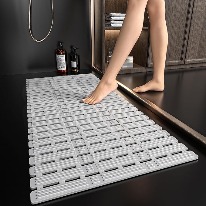 XIYUNTE Shower Mat Non Slip Bathtub Mat, 36 x 16 inches Rubber Bath Mat for Tub Non Slip Shower Mats for Inside Shower with Powerful Suction Cups and Drain Holes, Easy to Cut, Light Grey