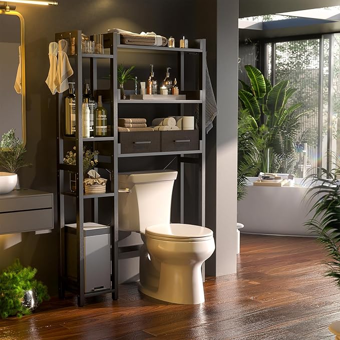 Besiost Over The Toilet Storage, 7 Tier Bathroom Organizer with Reversible Side Shelf and 2 Fabric Drawers, Adjustable Freestanding Rack Space Saver for Small Spaces, Black