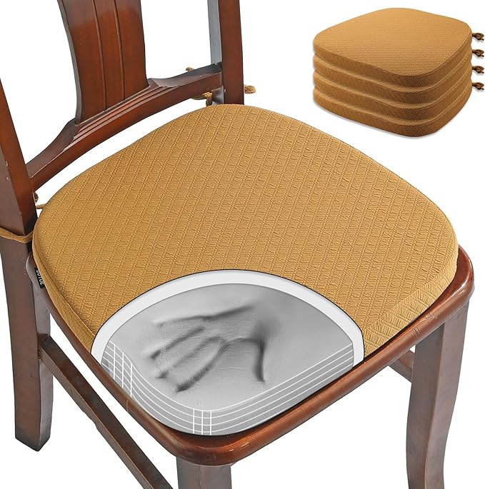 BUYUE Luxury 100% Pure Memory Foam Chair Cushions 4 Pack, Jacquard 16" U-Shape Comfortable Dining Chair Pads, Removable Slip Resistant Kitchen Chair Seat Cushions, (Set of 4, Ocher)