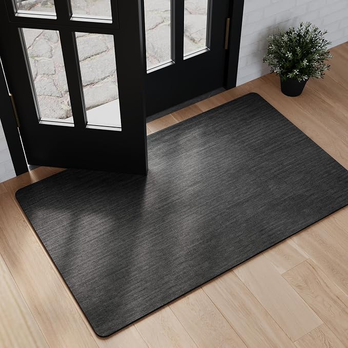 Mecko Bath Mat, Ultra Absorbent Quick Dry Bathroom Floor Mats-Rubber Non-Slip Thin Bathroom Rug Fit Under Door, Faux Suede Surface Shower Rug for Bathtub, Sink, Shower Room(Black,17"x27.5")