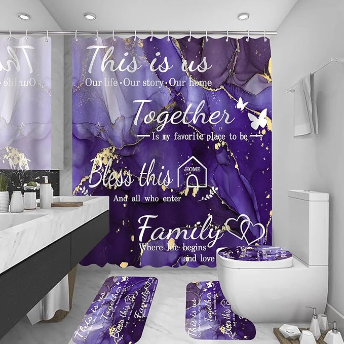 4Pcs Family Marble Shower Curtain Set,Purple Home Inspirational Bathroom Sets with Shower Curtain and Rugs, Bathroom Decor Set,Waterproof Bathroom Curtains Shower Set,with 12 Pcs Hooks