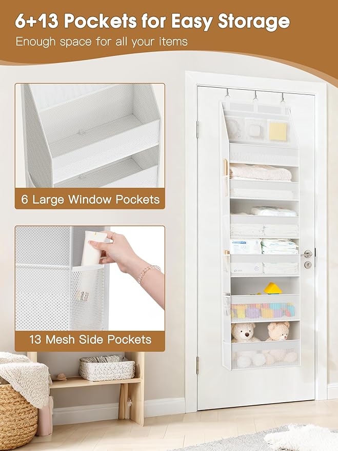 Criusia Over the Door Organizer, Heavy-Duty 6-Shelf Hanging Storage with 13 Mesh Pockets, 55lbs Capacity Behind the Door Storage for Nursery, Bathroom, Bedroom, and Dorm, White