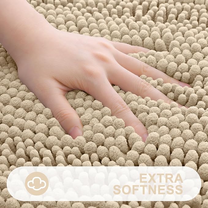 Grandaily Chenille Striped Bathroom Rugs 70x24, Extra Thick and Absorbent Bath Mats, Non-Slip Soft Plush Shaggy Shower Carpet, Machine Wash Dry, Bath Rug for Bathroom, Beige