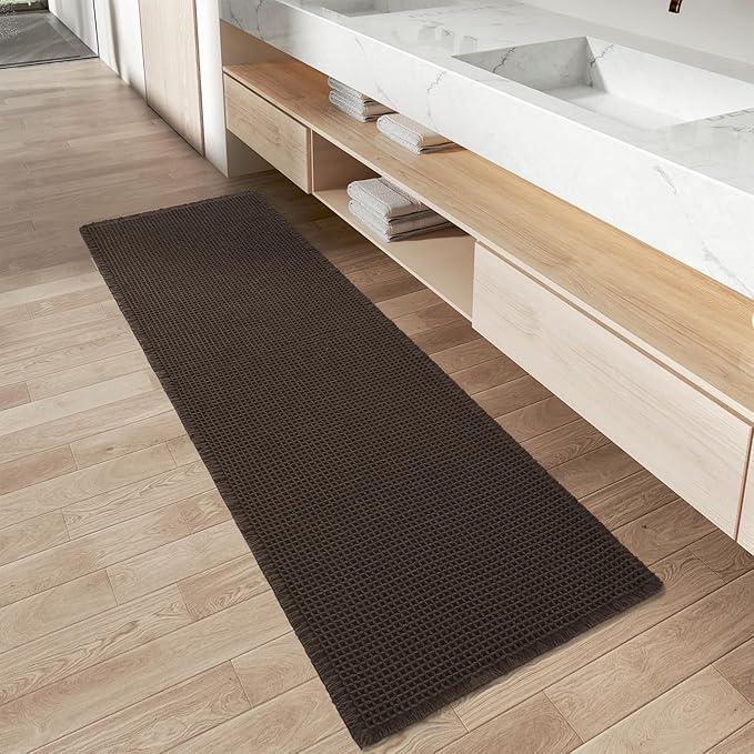 Upgraded Waffle Runner Rug Super Absorbent Non Slip Bath Mats for Bathroom Floor Washable Bathroom Runner Rug with Tassels, Ideal for Hallway Bedroom Laundry Room, Chocolate, 2' x 6'(24" x 72")
