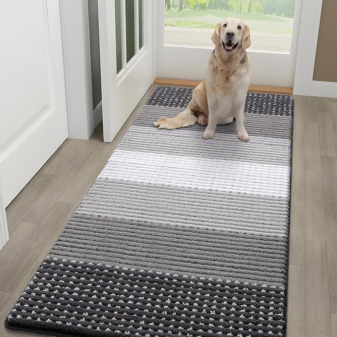 Kitinjoy Indoor Outdoor Door Mat, 59x24 Non-Slip Absorbent Dirt Trapper, Low-Profile Washable Inside Entrance Front Floor Mat, Sturdy Soft Entry Dotted Ombre Doormats for Entryway, Grey