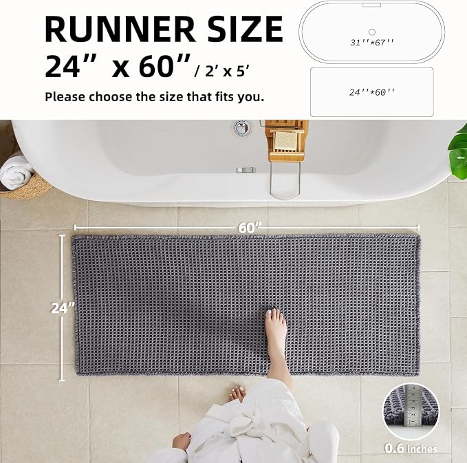 TYUU Waffle Runner Rug Bathroom, Long Boho Bathroom Rugs Non Slip Washable Super Absorbent Quick Dry Farmhouse Bath Decor, 60"x24" Grey