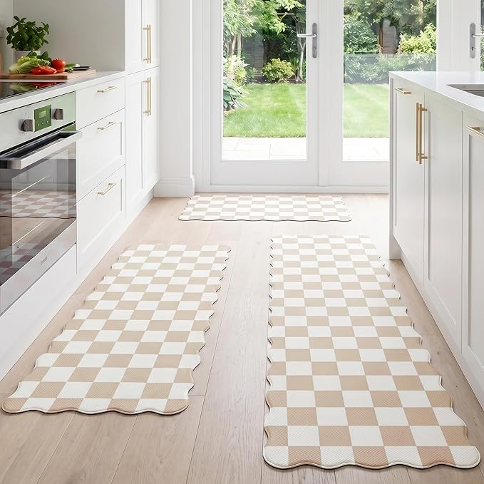 Scalloped Cream Checkered Grid Checkerboard Kitchen Rug Sets [3 PCs], Anti-Fatigue, Waterproof Non-Slip Kitchen Mats Heavy Duty Ergonomic Comfort Foam Rug for Floor, Home, Laundry,17"x29"/47"/59"
