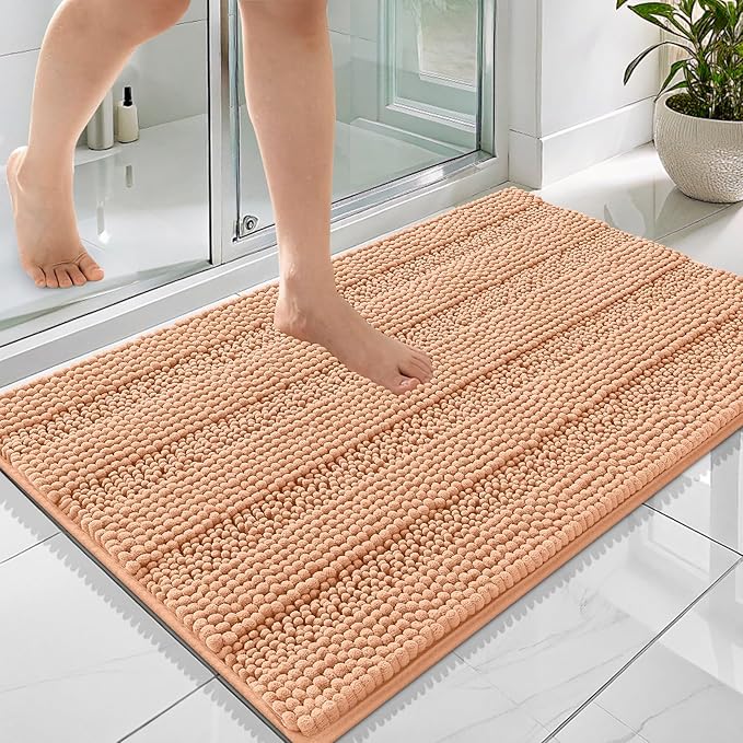 OLANLY Thick Bathroom Rugs 36x24, Extra Soft Absorbent Chenille Striped Bath Rugs, Rubber Backing, Machine Wash Dry, Bath Mats for Bathroom Floor, Tub and Shower, Home Decor Accessories, Peach