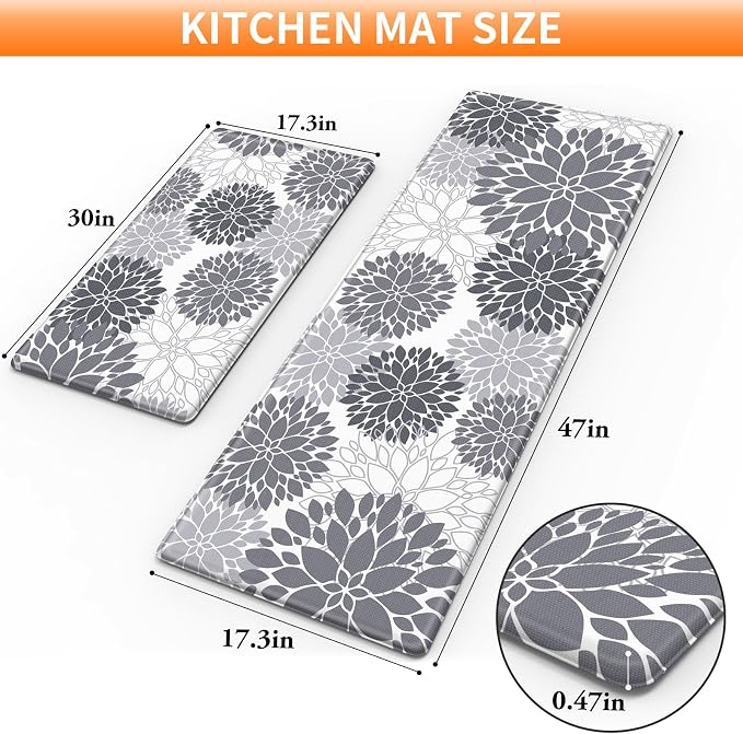StepLively Kitchen Mats for Floor 2PCS, 0.47" Anti Fatigue Mats for Kitchen Floor, Kitchen Accessories for Sink, Office, Laundry, 17.3"×30"+17.3"×47", White and Grey