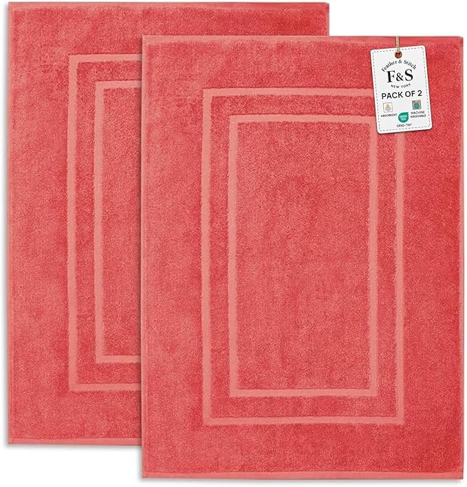 Feather & Stitch 2 Piece Towel Like Bath Mats (30x21 Inch) 100% Cotton Terry Bath Mat, Bathroom Shower Floor Mat [NOT A Bathroom Rug], Soft Absorbent Washable Mats - Coral