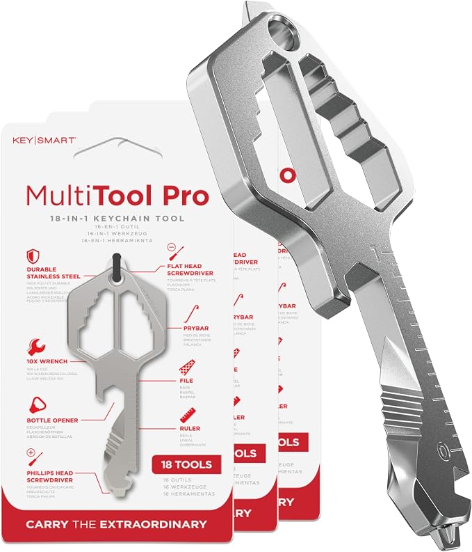 KeySmart Multitool Pro - 18-in-1 Multifunction Key Shaped Tool Pocket Multi-Tool Key Chain Bottle Opener Keychain, Key Multitool Keychain for Men Gift, EDC Gear Keychain, Stainless Steel, 3 Pack