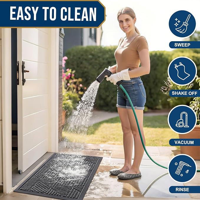 Smiry Front Door Mat Outside Entrance, Heavy Duty Sturdy Natural Rubber Doormat, Trap Dirt and Moisture, Easy Clean Low Profile Mats for Indoor Outdoor Entry, Irregular Triangle (29.5x17, Light Grey)