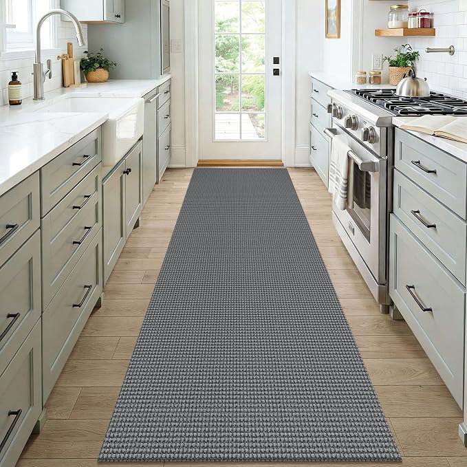 KOZYFLY Woven 3x7 Washable Kitchen Runner Rug, Non Slip Wide Runners for Hallway, Cotton Entryway Runner, Braided Floor Carpet for Entry, Kitchen, Bedside, Hall, Grey/Dark Grey
