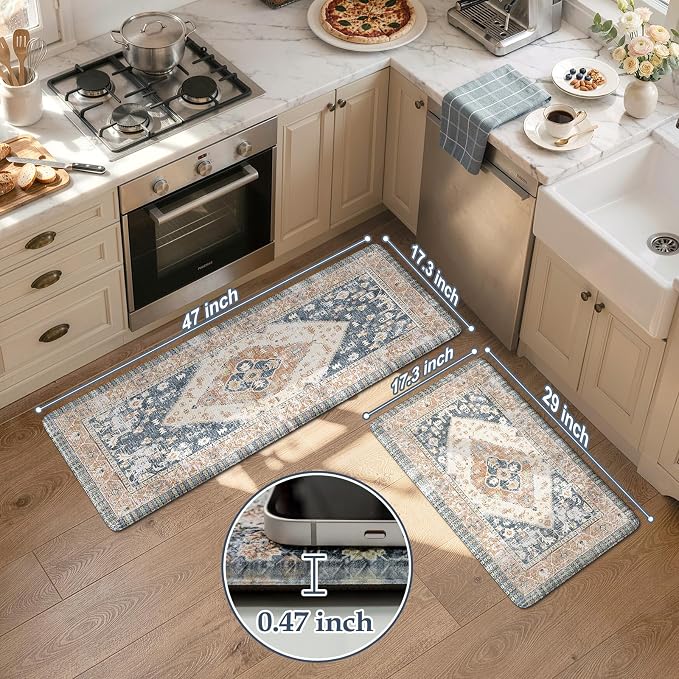 KIMODE Kitchen Rugs and Mats 2PCS Cushioned Anti Fatigue Kitchen Mat Non Slip Paded Kitchen Runner Rug Boho Vintage Mats Blue Gold Rugs for Kitchen Floor, Home Decor, Office, Laundry, Desk, Bathroom
