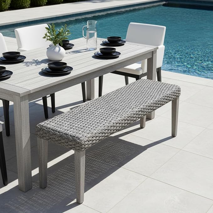 Outdoor Rattan Backless Bench, All-Weather Wicker & Solid Acacia Wood, Upholstered Premium Garden Bench with Woven Rattan Seat and Thick Outdoor Cushion for Patio, Porch, Living Room or Entryway