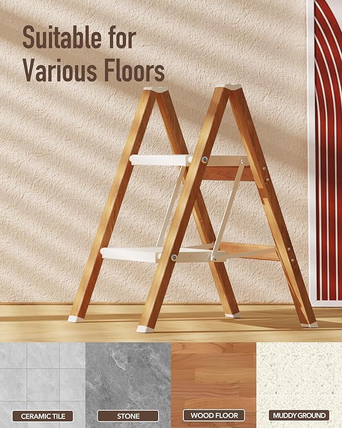 Mayi Plus 2-Step Aluminum Ladder,Lightweight Folding Step Stool with Extra-Wide Anti-Slip Steps,330 lbs Capacity,Compact Space-Saving Design for Home,Kitchen and Office（White&Woodgrain）