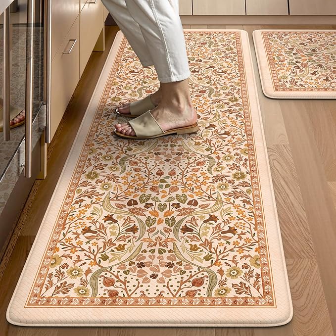 Collive Anti Fatigue Mats for Kitchen Floor, Orange Fall Floral Kitchens Rugs 2 Piece Cushioned Non Slip Carpet, Comfort Standing Mat Waterproof Sink Carpets for or Bedroom, Laundry, Home Decor
