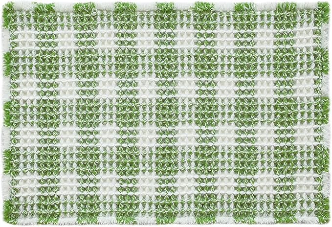 TYUU Waffle Bath Mat, Boho Bathroom Rugs Non Slip Washable Absorbent Checkered Bathroom Mat Quick Dry Cute Christmas Bath Mat, 30"x20" Green and White
