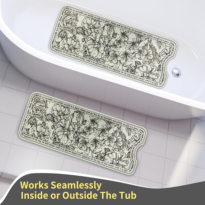 Non-Slip Large Bathtub Mat - 39.4"x15.8" with 200 Suction Cups, Massage Pebble Design & 176 Drain Holes, Safe Shower Mat for Elderly, Kids, Spa, Machine Washable, Floral Pattern