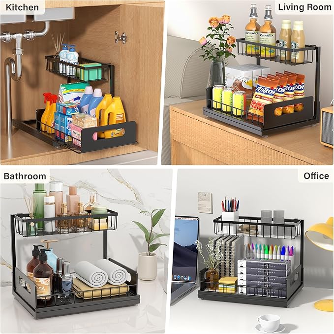 Under Sink Organizer 2 Tier, Pull Out Drawer Slides Under Sink Storage for Bathroom Kitchen,Multi-Purpose Drawer Under Cabinet Organizer for Cleaning Supplies (Black, 1 Pack)