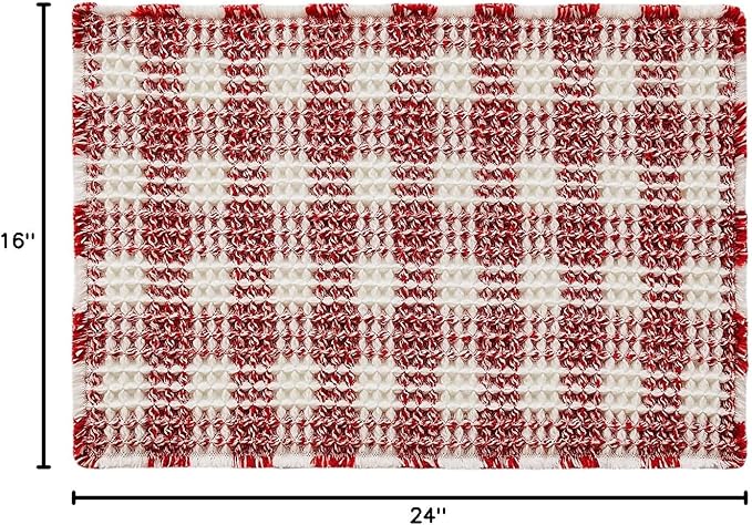TYUU Waffle Bath Mat, Boho Christmas Bathroom Rugs Non Slip Washable Absorbent Checkered Bathroom Mat Quick Dry Cute Bath Mat, 24"x16" Red and White
