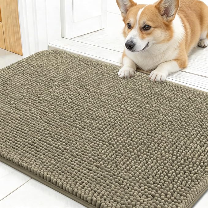OLANLY Dog Door Mat for Muddy Paws 30x17, Absorbs Moisture and Dirt, Absorbent Non-Slip Washable Doormat, Quick Dry Chenille Mud Mat, Entry Indoor Entryway Carpet for Inside Floor, Warm Taupe