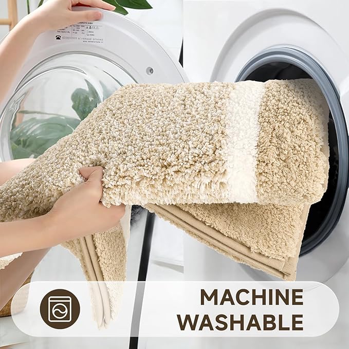 Pauwer 3 Pieces Bathroom Rugs Sets, Microfiber Shaggy Bath Mat Set, Ultra Soft Non-Slip Rug with U Shaped Toilet for Bathroom, Tub, Shower Washable Carpets Set,Beige