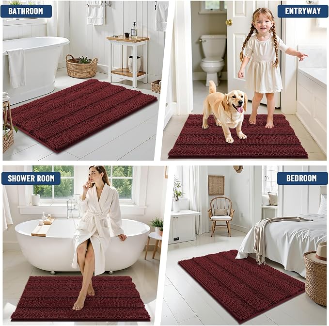 Grandaily Chenille Striped Bathroom Rugs 44x24, Extra Thick and Soft Absorbent Bath Mats, Rubber Backing, Plush Shaggy Shower Carpet, Machine Wash Dry, Bath Rug for Bathroom, Reddish Brown