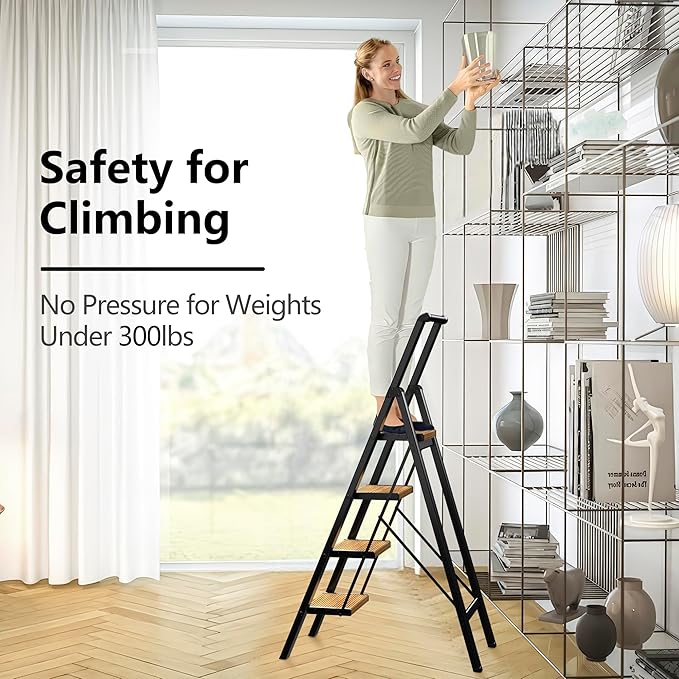 SOLADDER Step Ladder 4 Step Folding Stool with Anti-Slip Widened Sturdy Pedal and Handgrip, Portable Lightweight Aluminum Ladder for Home,Kitchen,300 lbs Capacity-Black+Woodgrain