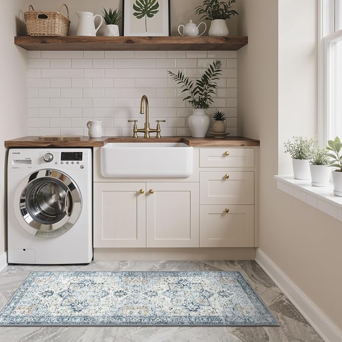 GENIMO Kitchen Rugs Non Slip Washable, 2PCS Kitchen Mats for Floor, Cushioned Standing Mat, Kitchen Runner Rug Floor Mat for Kitchen Decor, Laundry, Sink, Entryway, Home, 20"x32"+20"x59", Blue